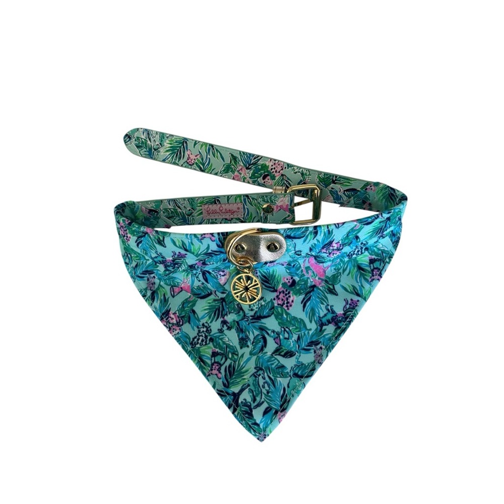 LILLY PULITZER LEATHER CANVAS DOG COLLAR Floral pup Bandana with Pendant M/L M L - Picture 3 of 8